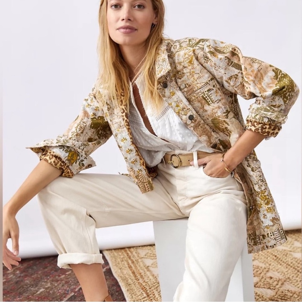 Pilcro from Anthropologie Fielder Denim Shirt Jacket Beige Mixed Floral Print